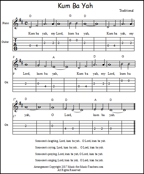 Kum Ba Yah Sheet Music for Piano, Guitar, & Lead Instruments