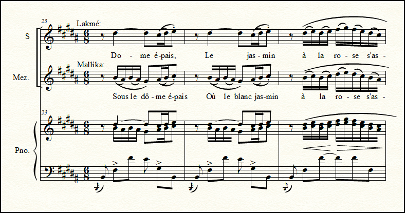 Lakme Flower Duet, page 3, shown in the key of B, the original.  A closeup view of the sheet music.