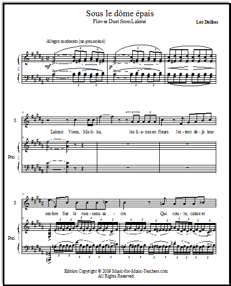 Sous le dome epais - the Flower Duet from Lakme, standard arrangement with piano accompaniment, in two keys!