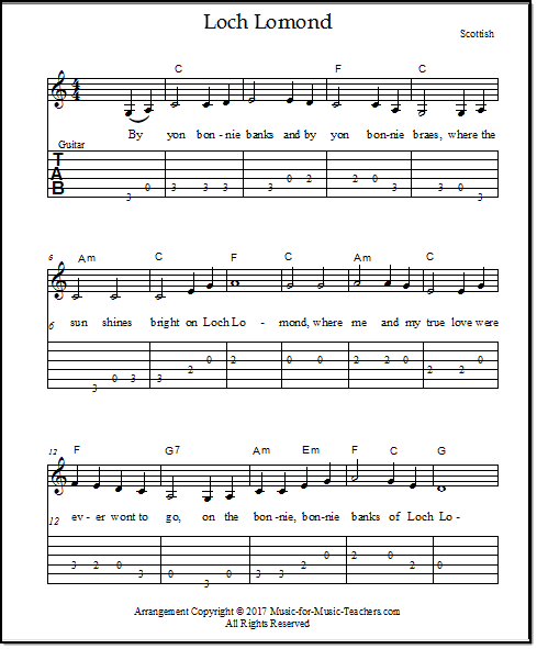 Loch Lomond sheet music for guitar, with chords and lyrics and tabs