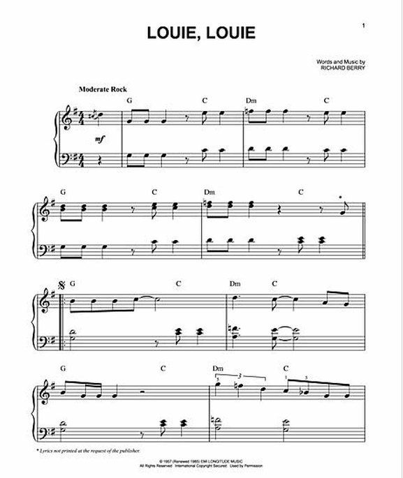 Louie Louie Sheet Music for Piano Chord Exercises