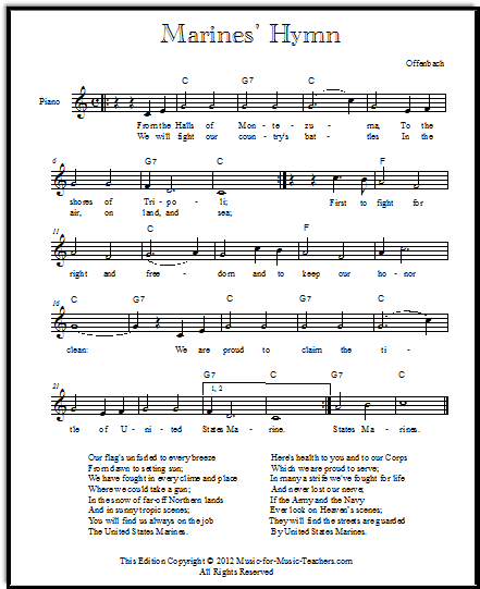 Marine Hymn lyrics and lead sheet