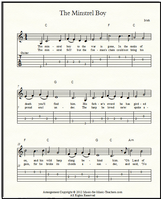 The Minstrel Boy sheet music with guitar tabs