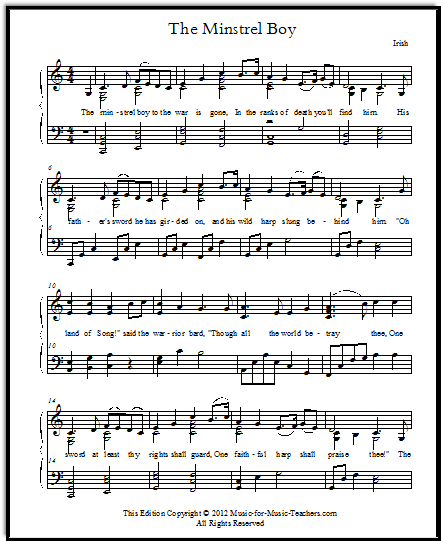 The Minstrel Boy sheet music for piano and voice