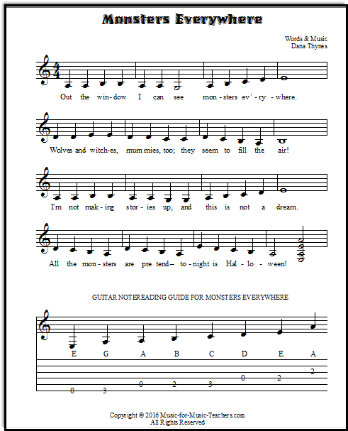 Halloween guitar sheet music with a note-reading guide