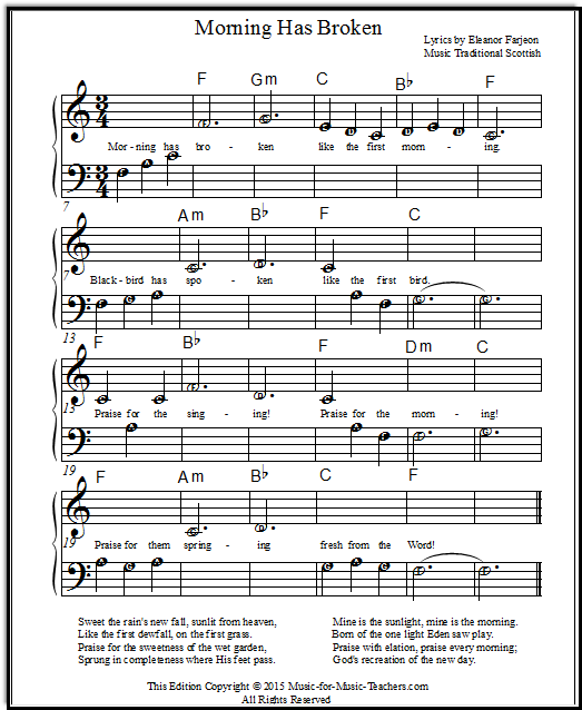 Morning Has Broken melody with lettered notes for shared hands, plus chord symbols, for piano.  Lyrics too.