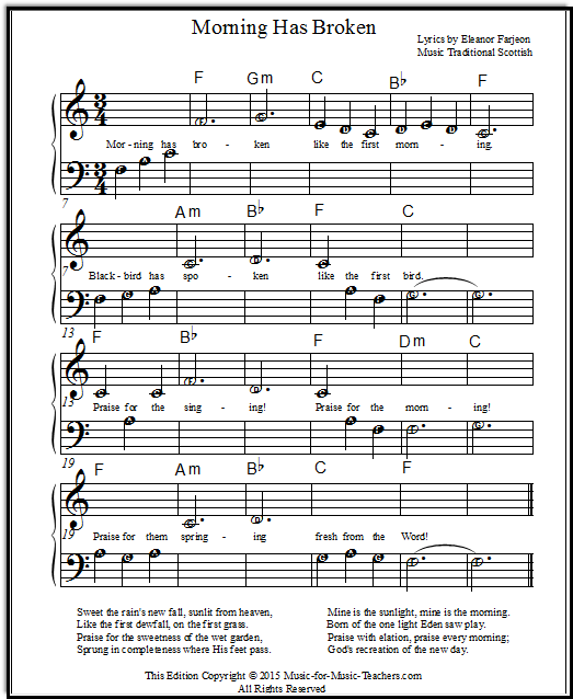 Free Lead Piano Sheet Morning Has Broken In Five Different Keys With Chords