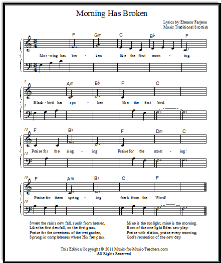 Free Lead Piano Sheet Morning Has Broken In Five Different Keys With Chords