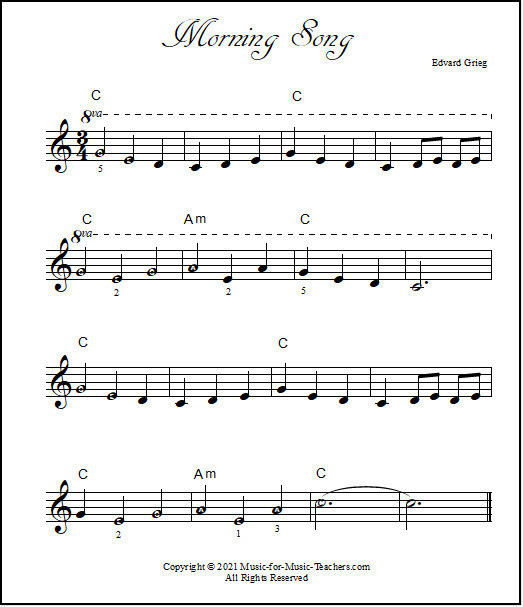 Morning Song piano sheet music with letters in the notes