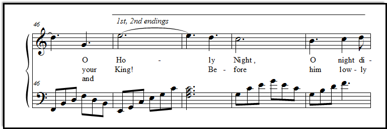 Closeup look at the final page of O Holy Night for piano with its fancy broken chords