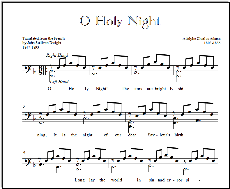 A closeup look at an arrangement of O Holy Night for piano duet, with broken chords in the key of F.