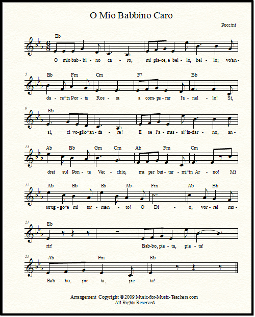 O Mio Babbino Caro Sheet Music With 4 Levels Of Piano Accompaniment
