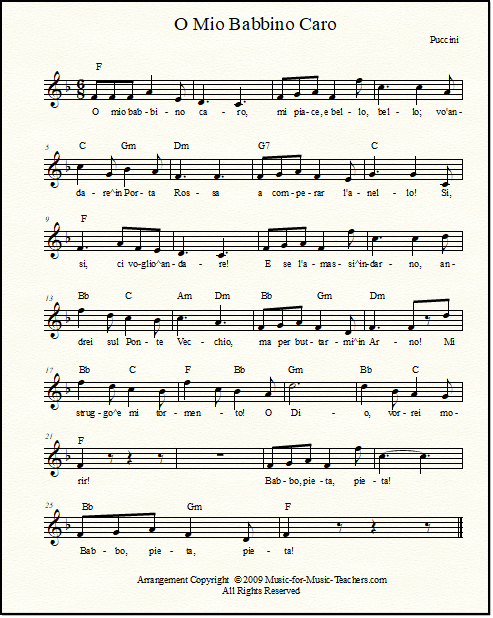 O Mio Babbino Caro Sheet Music With 4 Levels Of Piano Accompaniment