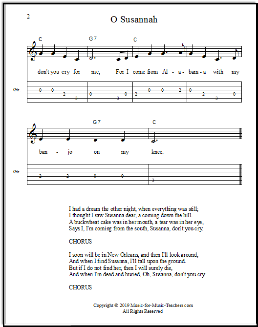 O Susanna guitar tabs and chords in the key of C