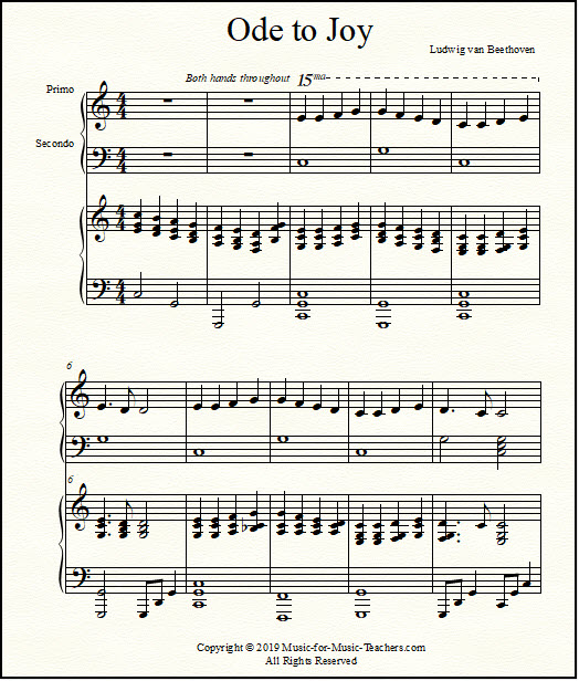 Ode to Joy, a piano duet for mixed players: a beginner and an advanced player.