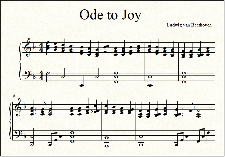 Close-up look at fancy arrangement of Ode to Joy in the key of F