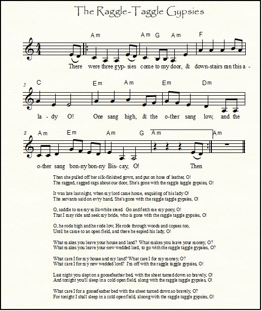 Lead sheet for the song Raggle-Taggle Gypsies