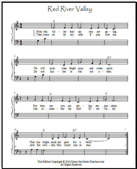 Easy piano music version of Red River Valley, with both hands sharing the melody, set at Middle C position