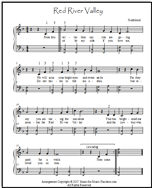 Red River Valley for intermediate piano, with changing left hand chords