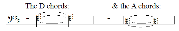D and A chord triads, tied dotted half notes