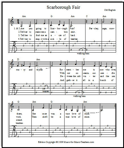 Easy Guitar tabs for Scarborough Fair, showing walking bass