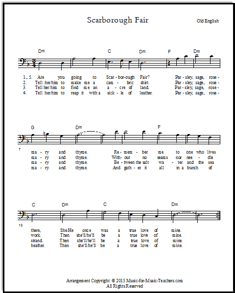 Free lead sheet Scarborough Fair for bass instruments