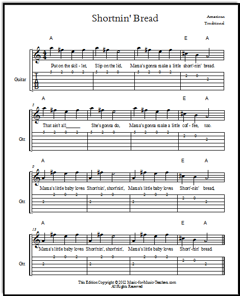 Shortnin' Bread, an American bluegrass song, given here as a lead sheet with guitar tabs