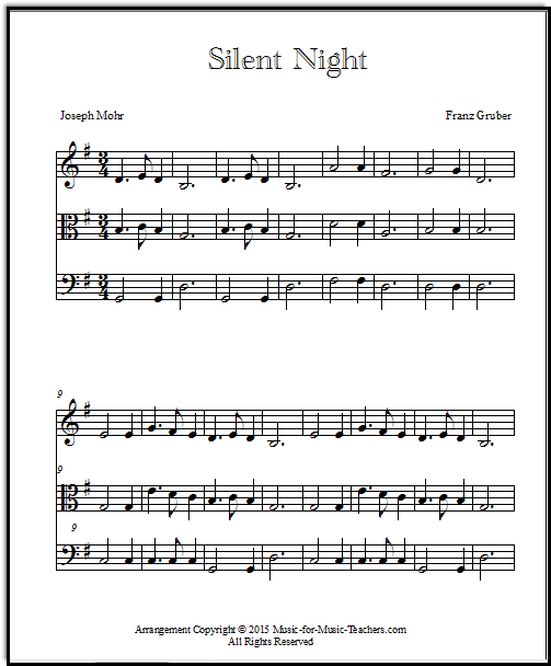 String trio arrangement of the Christmas carol Silent Night in the key of G, easy