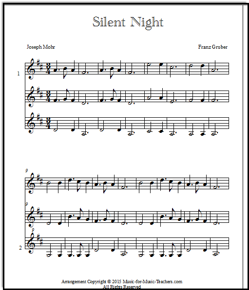 Silent Night music for violin trio, in the key of D.