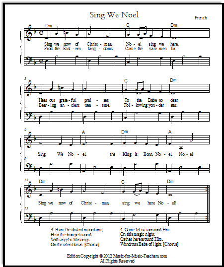 Free Christmas songs "Sing We Noel", arranged for piano.  This arrangement has left hand open fifth chords.