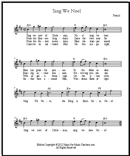 Lead sheet for Sing We Noel, with melody and chords and lyrics, in seven keys