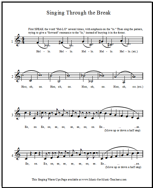 Singing Through the Break - a sheet of vocal exercises to assist understanding of moving from head voice to chest voice