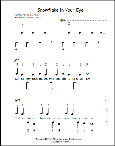 A song about snowflakes falling for beginning piano, on the black notes