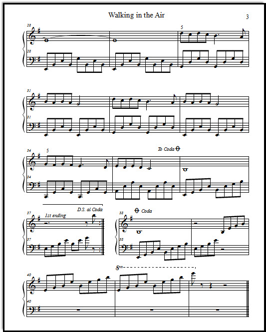 Page 3 of the piano solo sheet music Walking in the Air from the short kids' movie The Snowman