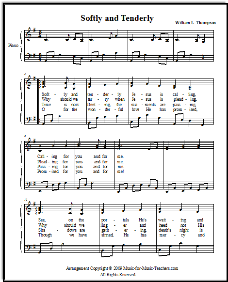 Beautiful Free Hymn Sheet Music, Softly and Tenderly Jesus is Calling