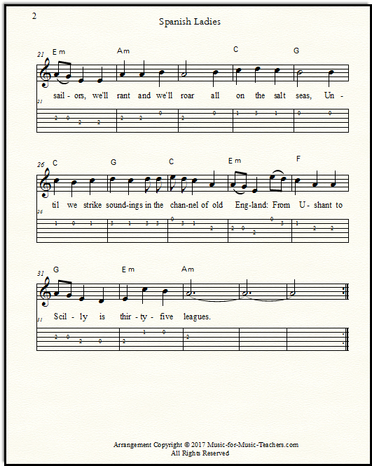 Page two of Spanish Ladies for guitar, with extra-large lyrics.