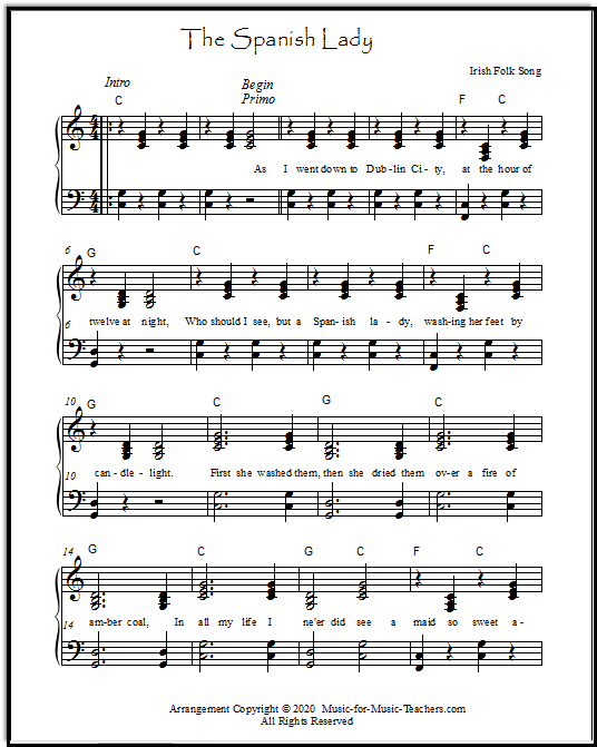 Piano secondo part for Spanish Lady, an Irish song