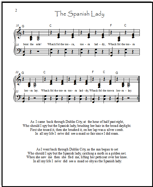 Piano sheet music duet for Spanish Lady, an Irish Song Piano sheet music duet for Spanish Lady, an Irish Song