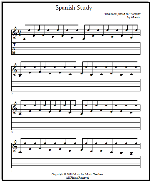 Spanish Study free sheet music with blank tablature for learning