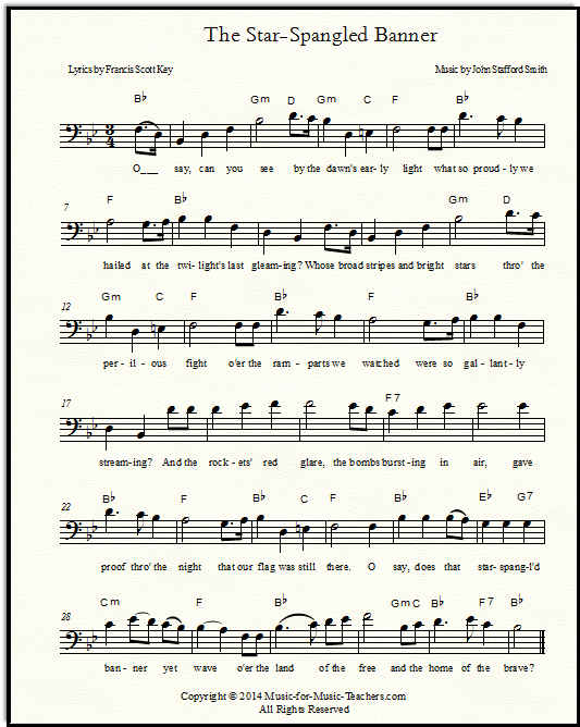 Star-Spangled Banner for bass clef instruments, the melody and chords and lyrics to verse one.
