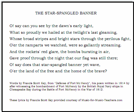 Star-Spangled Banner lyrics verse 1, at Music-for-Music-Teachers.com