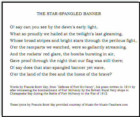 Star-Spangled Banner lyrics Vers 1, nál nél Music-for-Music-Teachers.com