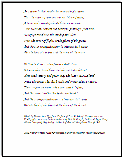 Star-Spangled Banner lyrics all 4 cours, page 2, Music-for-Music-Teachers.com