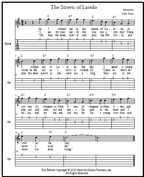 A sad cowboy song for guitar, with tabs, chords, and lyrics: Streets of Laredo