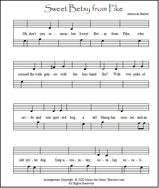 A worksheet for piano students - Sweet Betsy from Pike, missing a few notes and musical symbols.