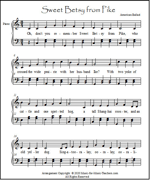 Sheet music for piano, Sweet Betsy from Pike