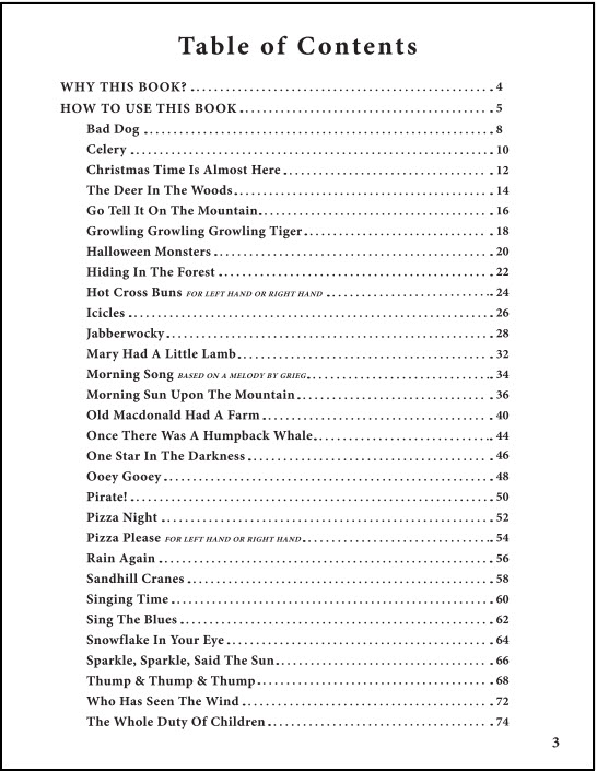 Table of contents for the book "Just the Black Keys" for piano beginner students