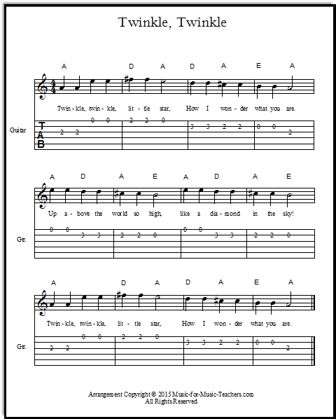 Twinkle, Twinkle, Little Star for guitar - chords, tablature and notes