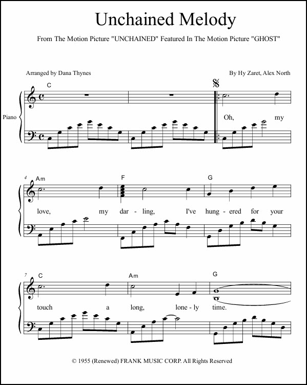 Unchained Melody piano chords and lyrics