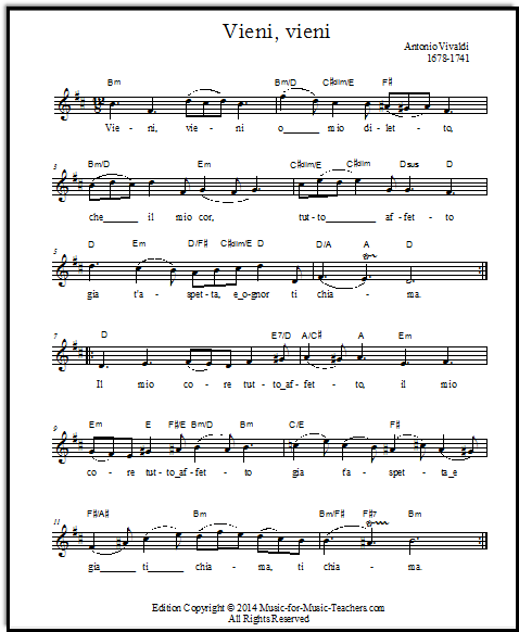 Vieni, vieni o mio diletto free sheet music for singers.  This beautiful short aria is by Antonio Vivaldi.